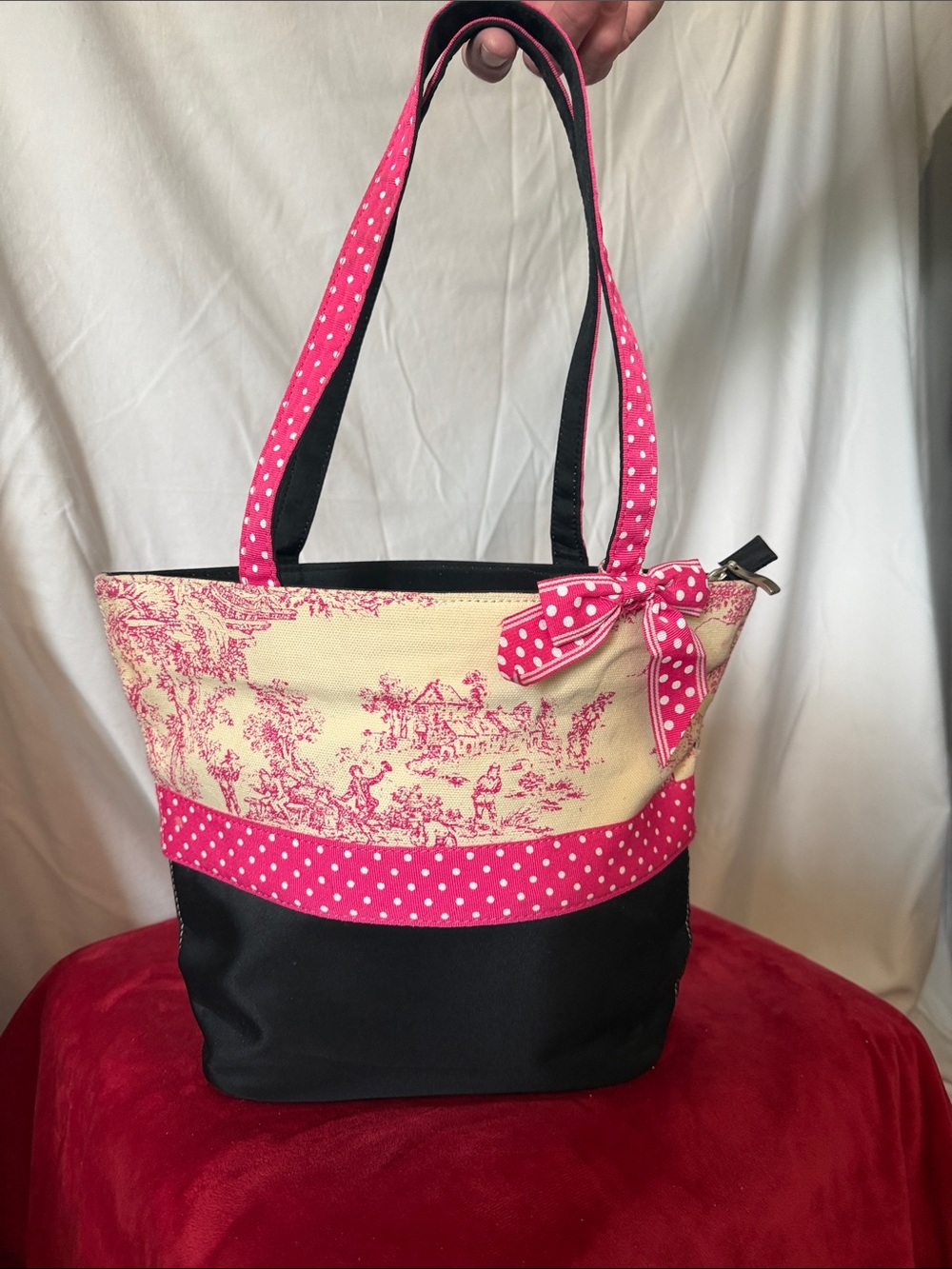 Polka Dot Trim Canvas Tote in Pink, Black & Cream